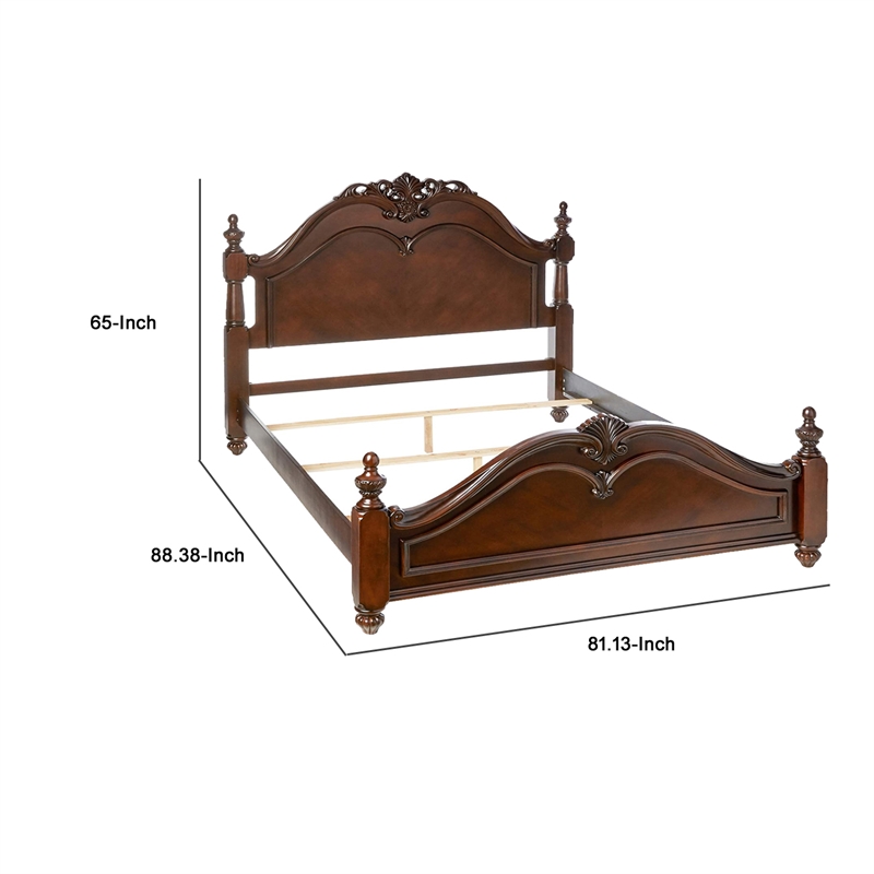 Benjara Traditional Style Eastern King Wooden Bed with Floral Carvings- Brown