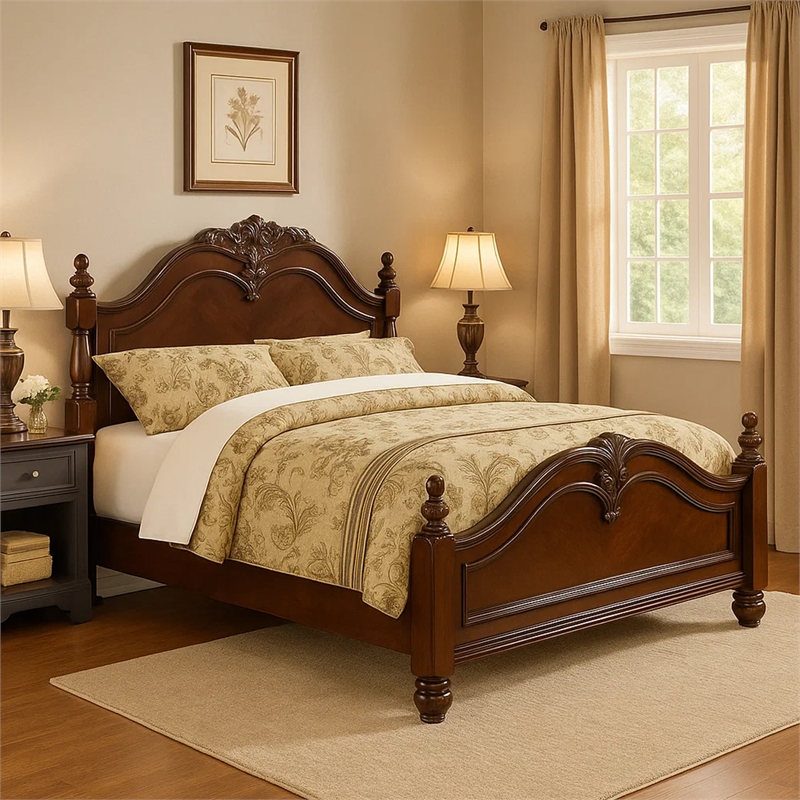 Benjara Traditional Style Eastern King Wooden Bed with Floral Carvings- Brown