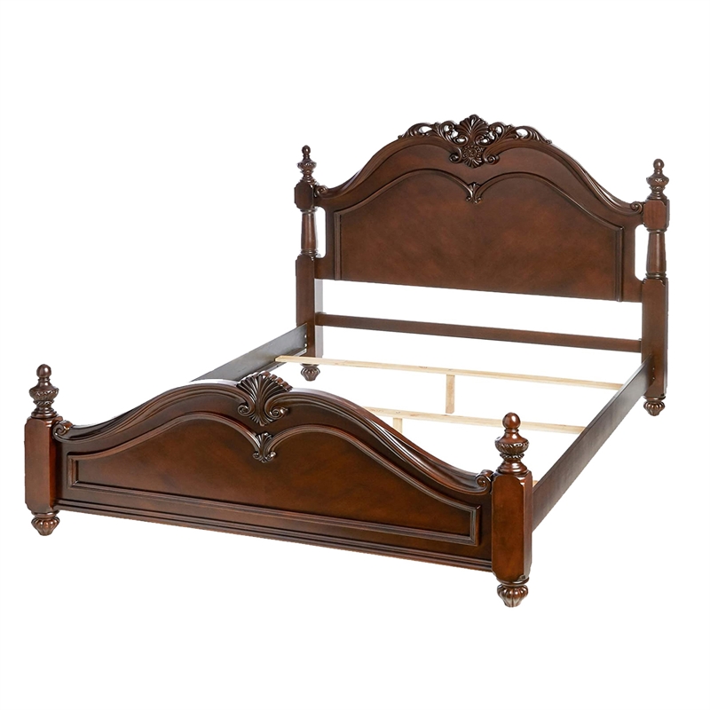 Benjara Traditional Style Eastern King Wooden Bed with Floral Carvings- Brown