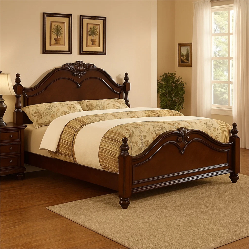 Benjara Traditional Style Eastern King Wooden Bed with Floral Carvings- Brown