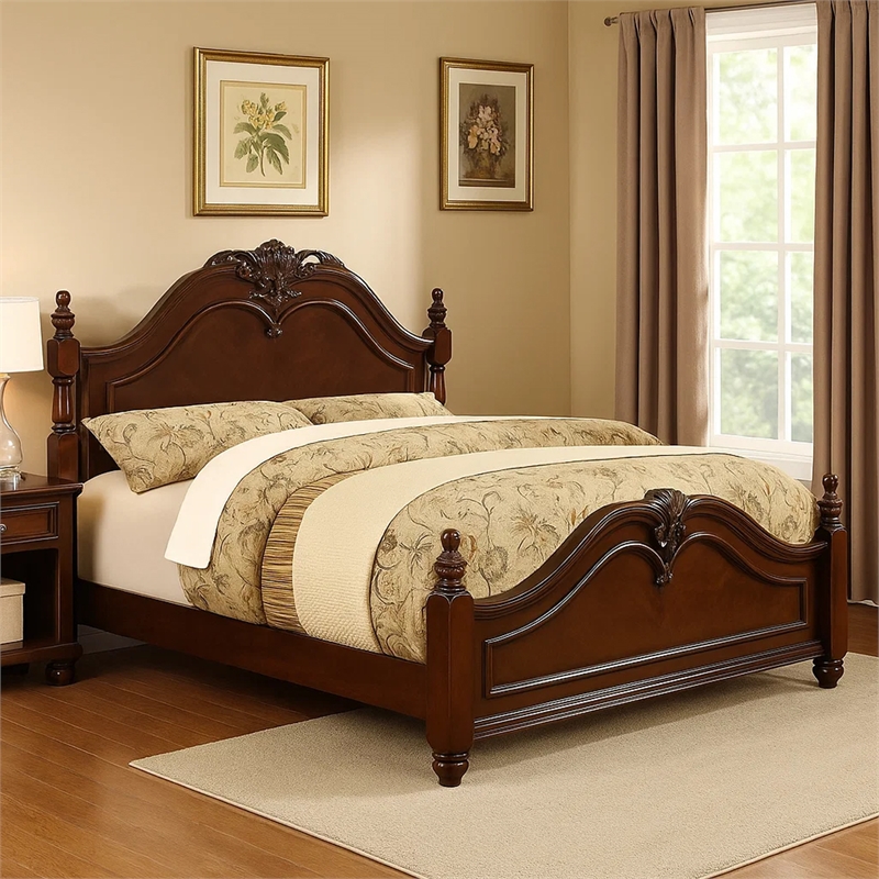 Benjara Traditional Style Eastern King Wooden Bed with Floral Carvings- Brown