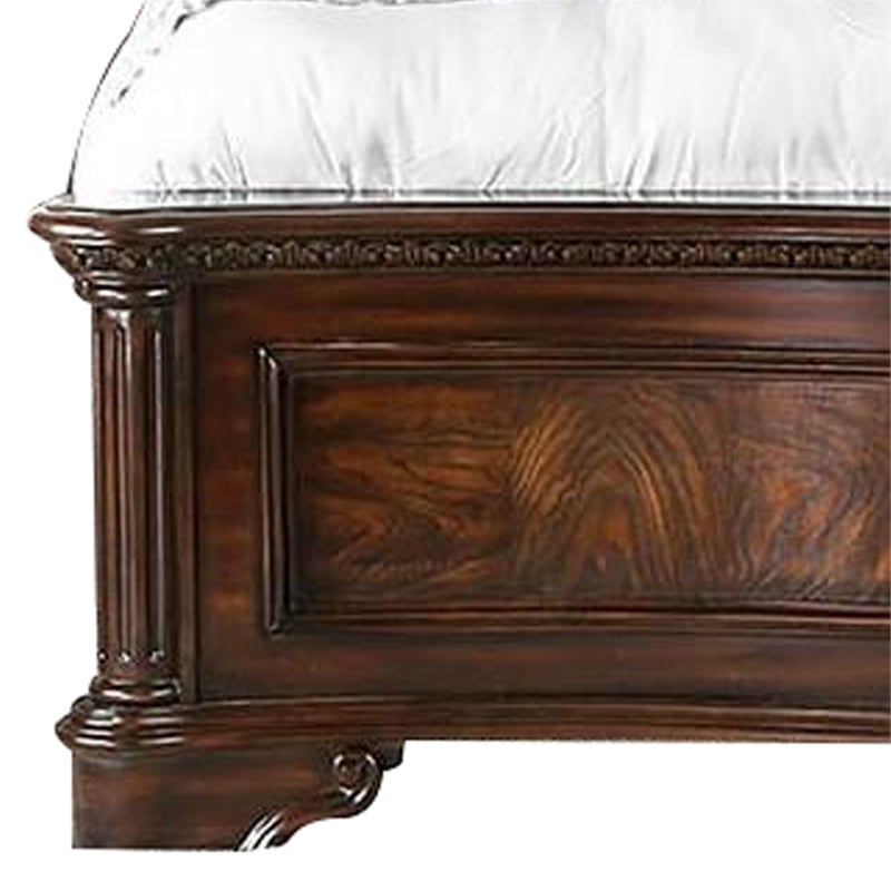 Benjara California King Wooden Bed with Intricate Carved Headboard- Brown