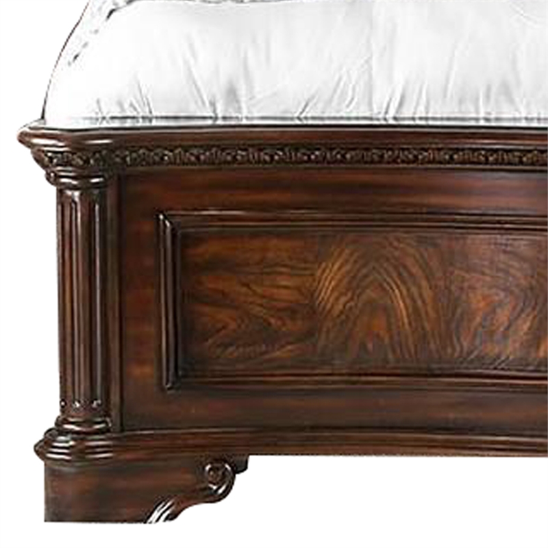 Benjara California King Wooden Bed with Intricate Carved Headboard- Brown