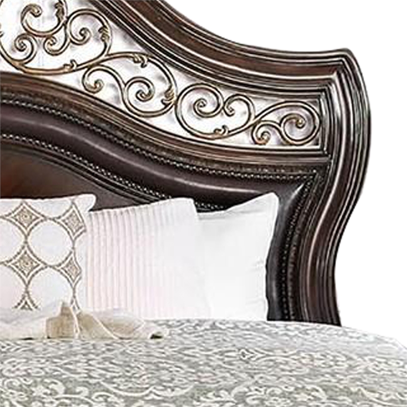 Benjara California King Wooden Bed with Intricate Carved Headboard- Brown