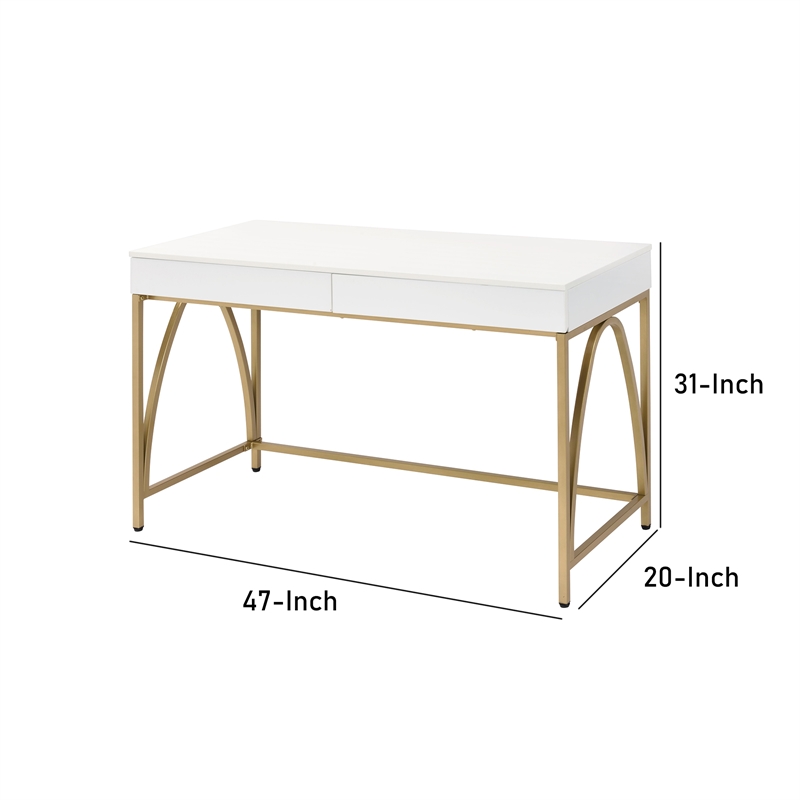 Benjara Rectangular Wooden Frame Desk with 2 Drawers & Metal Legs- White & Gold