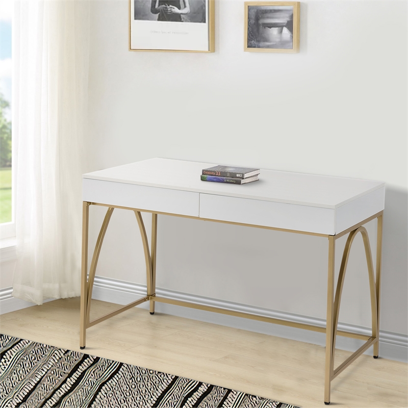 Benjara Rectangular Wooden Frame Desk with 2 Drawers & Metal Legs- White & Gold