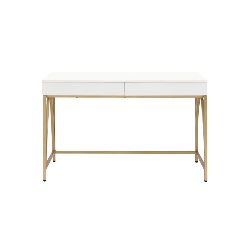 Benjara Rectangular Wooden Frame Desk with 2 Drawers & Metal Legs- White & Gold