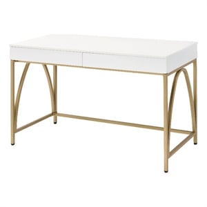 Benjara Rectangular Wooden Frame Desk with 2 Drawers & Metal Legs- White & Gold