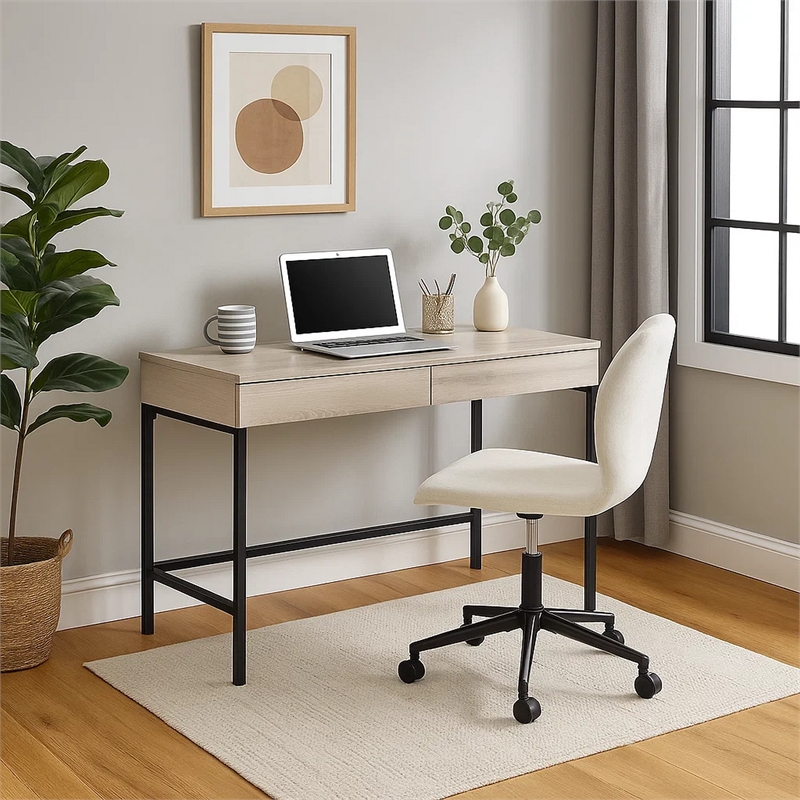 Benjara Wooden Desk with 2 Drawers and Metal Frame- Washed White and Black