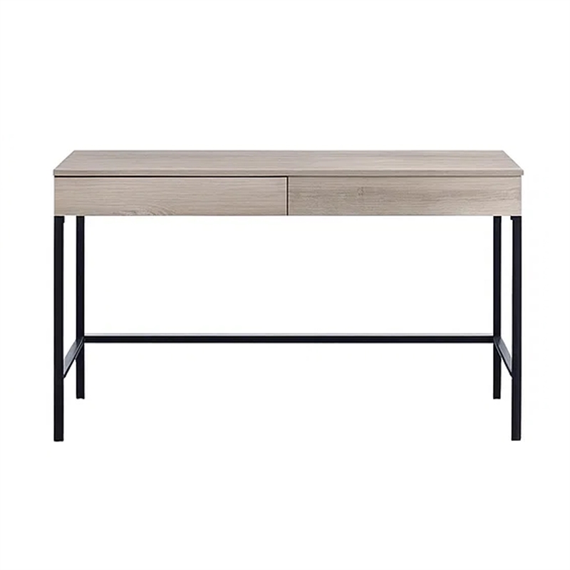 Benjara Wooden Desk with 2 Drawers and Metal Frame- Washed White and Black