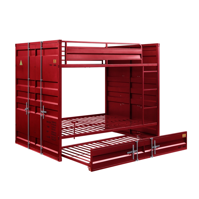 Benjara Industrial Style Full Size Bunk Bed with Recessed Panel Design- Red