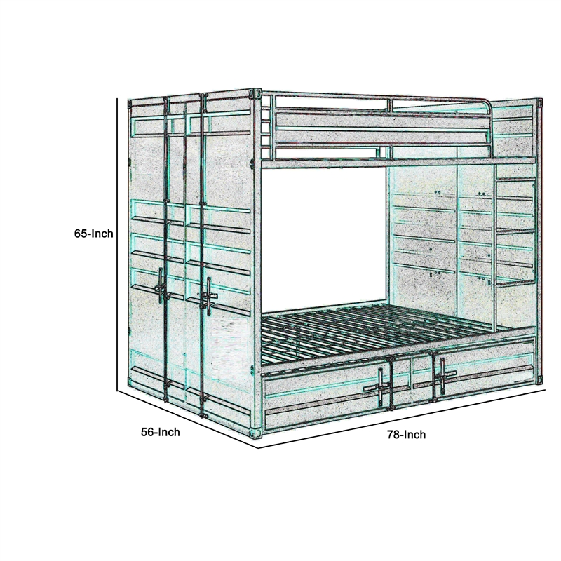 Benjara Industrial Style Full Size Bunk Bed with Recessed Panel Design- Red