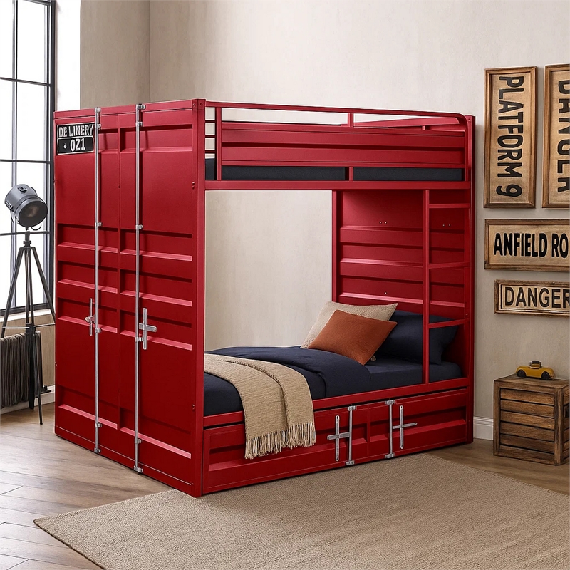 Benjara Industrial Style Full Size Bunk Bed with Recessed Panel Design- Red