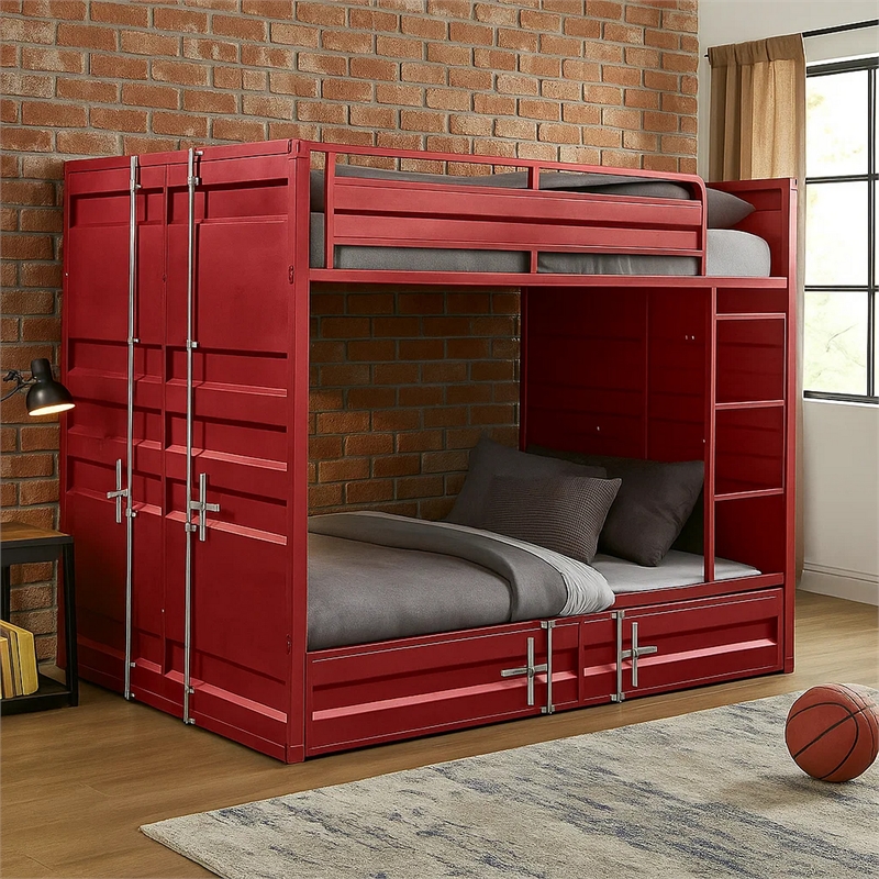 Benjara Industrial Style Full Size Bunk Bed with Recessed Panel Design- Red