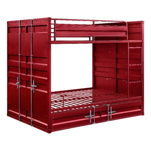 Benjara Industrial Style Full Size Bunk Bed with Recessed Panel Design- Red