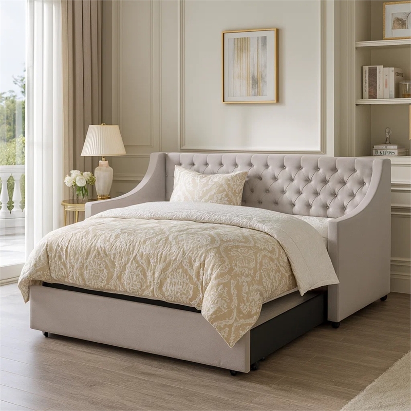 Benjara Fabric Twin Size Daybed with Button Tufted Back & Sloped Arms-Light Gray