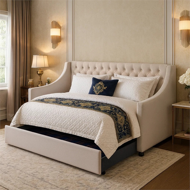 Benjara Fabric Twin Size Daybed with Button Tufted Back & Sloped Arms-Light Gray