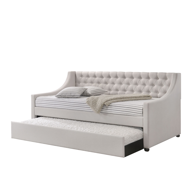 Benjara Fabric Twin Size Daybed with Button Tufted Back & Sloped Arms-Light Gray
