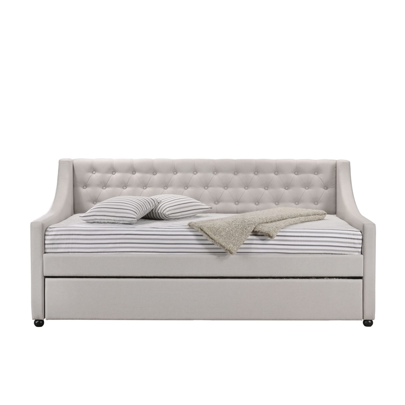 Benjara Fabric Twin Size Daybed with Button Tufted Back & Sloped Arms-Light Gray