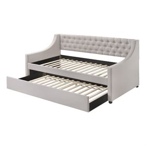 Benjara Fabric Twin Size Daybed with Button Tufted Back & Sloped Arms-Light Gray