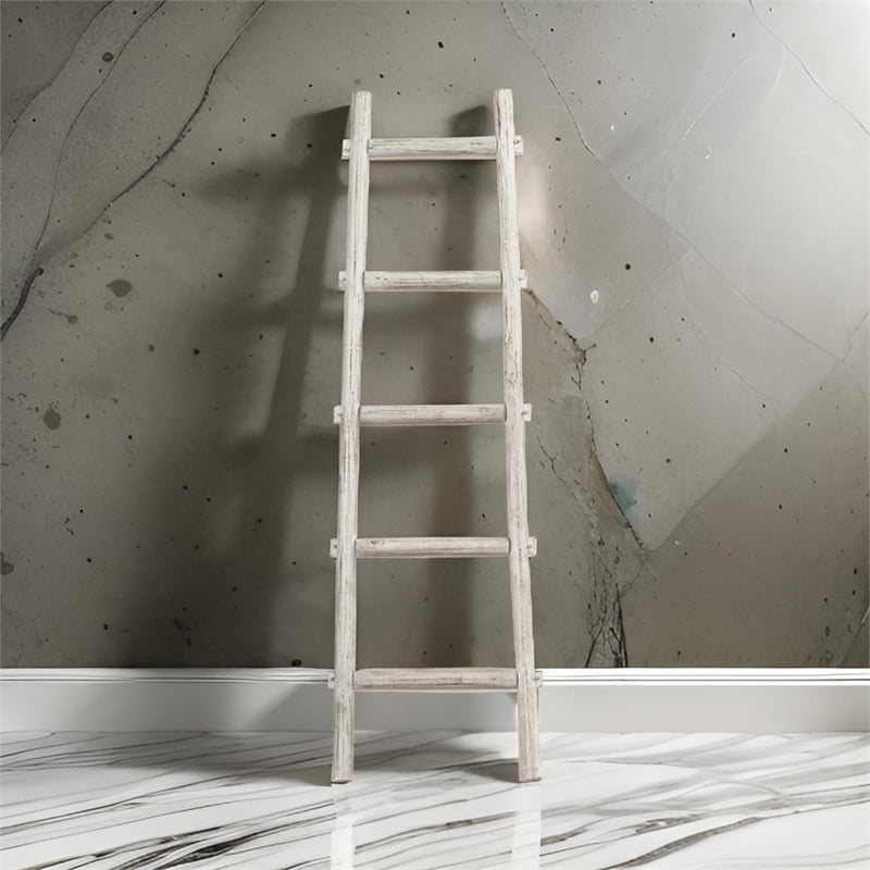 Benjara Transitional Style Wooden Decor Ladder with 5 Steps- White