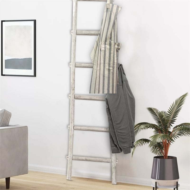 Benjara Transitional Style Wooden Decor Ladder with 6 Steps- White
