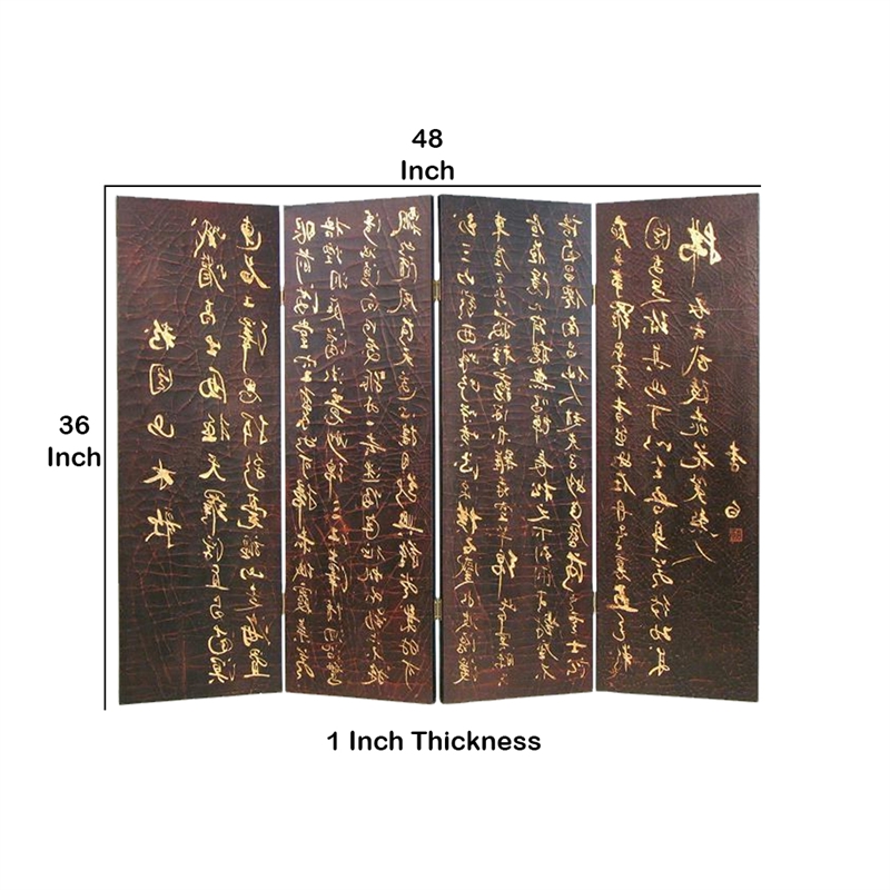Benjara Traditional 4 Panel Screen Divider with Chinese Greetings- Brown & Gold