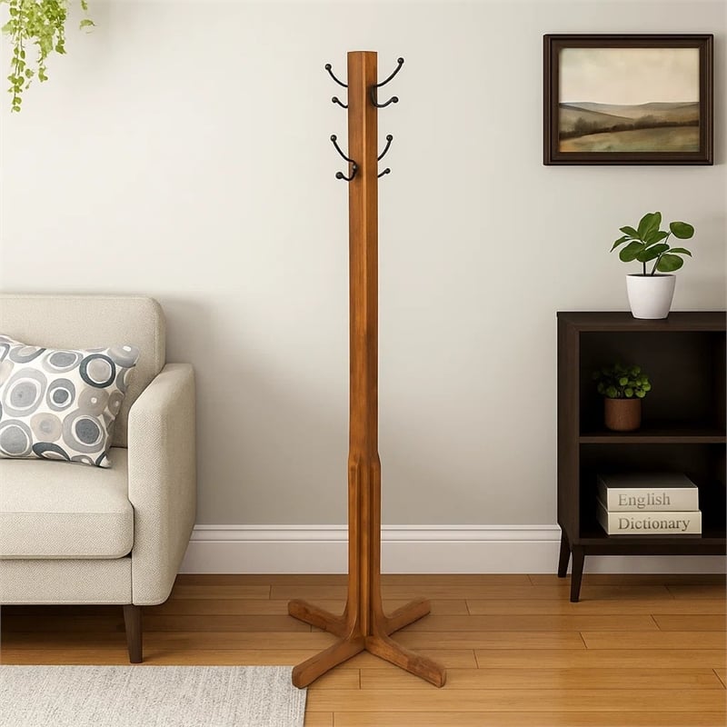 Benjara Wooden Coat Stand with X Frame Base and Metal Hooks- Oak Brown