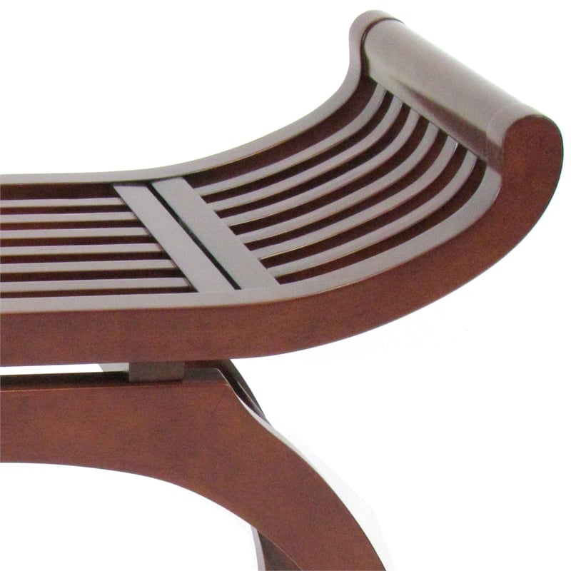 Benjara Curved Design Mission Style Stool with Slatted Seating- Brown