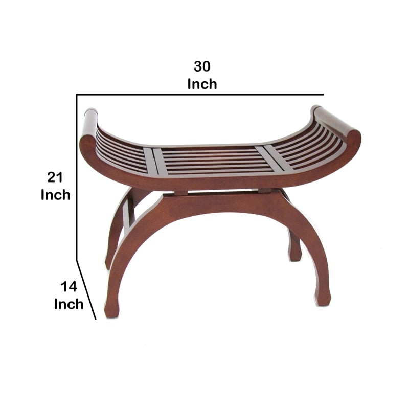 Benjara Curved Design Mission Style Stool with Slatted Seating- Brown
