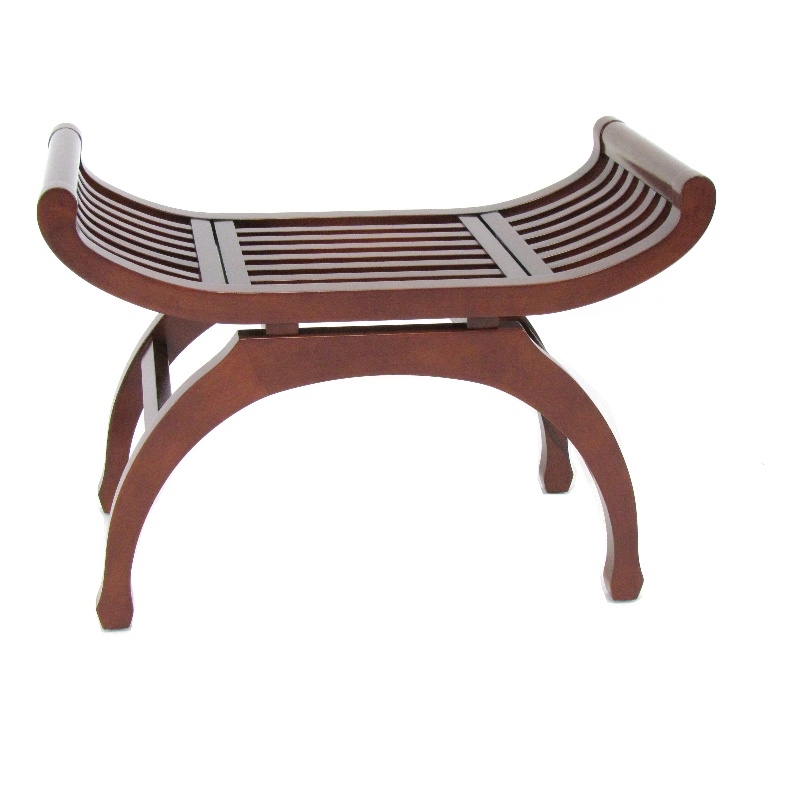 Benjara Curved Design Mission Style Stool with Slatted Seating- Brown