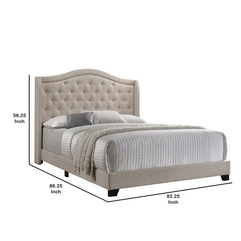 Benjara Fabric Upholstered Eastern King Bed with Camelback Headboard- Beige