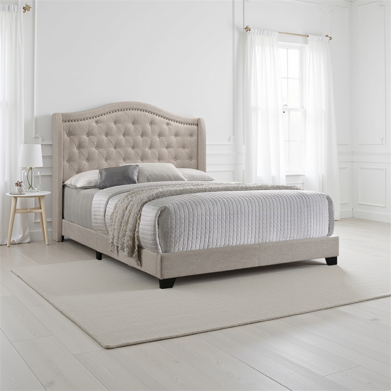Benjara Fabric Upholstered Eastern King Bed with Camelback Headboard- Beige