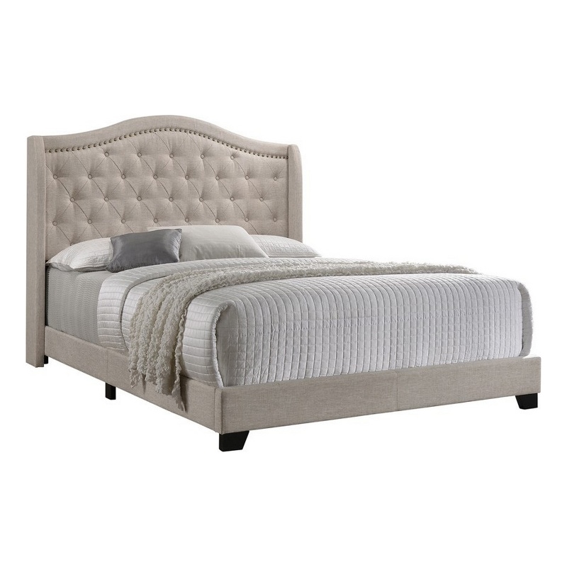 Benjara Fabric Upholstered Eastern King Bed with Camelback Headboard- Beige