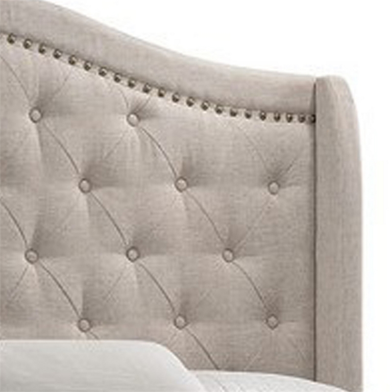 Benjara Fabric Upholstered Eastern King Bed with Camelback Headboard- Beige