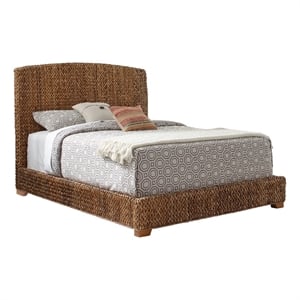 Benjara Hand Woven Banana Leaf Eastern King Bed with Chamfered Legs- Brown