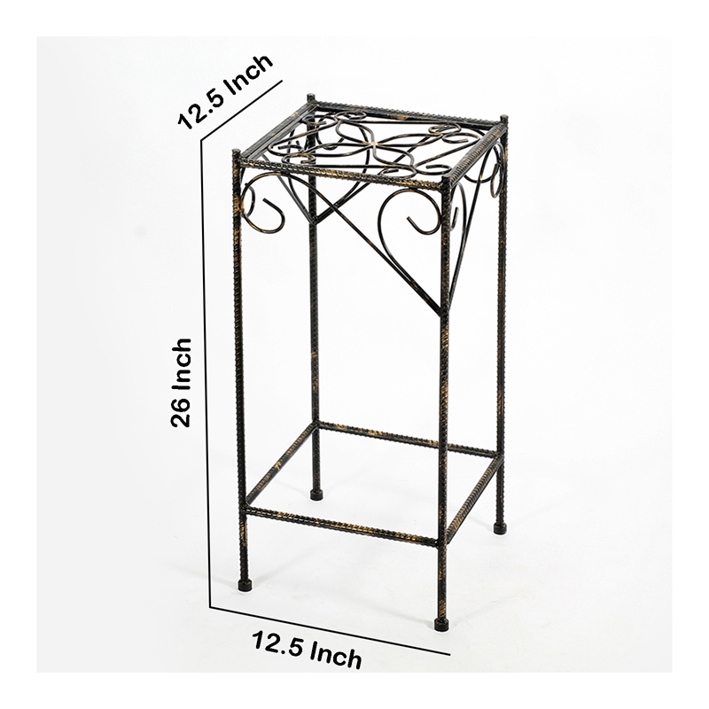 Benjara Scrolled Metal Frame Plant Stand with Square Top- Large- Black