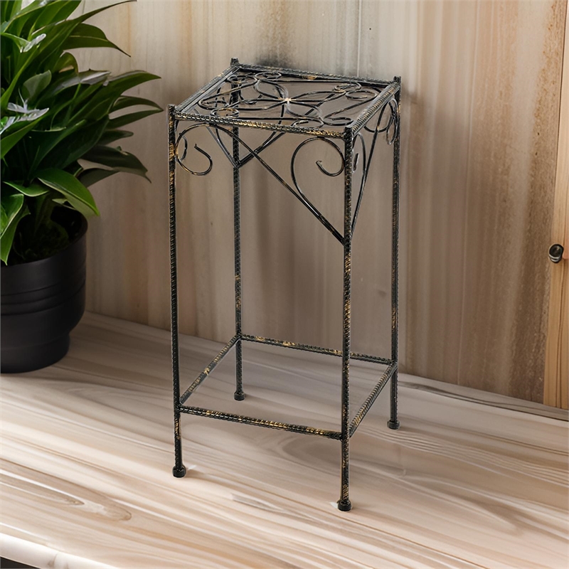 Benjara Scrolled Metal Frame Plant Stand with Square Top- Large- Black