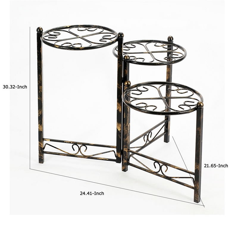 Benjara 3 Tier Heart Clover Design Round Top Metal Plant Stand- Black