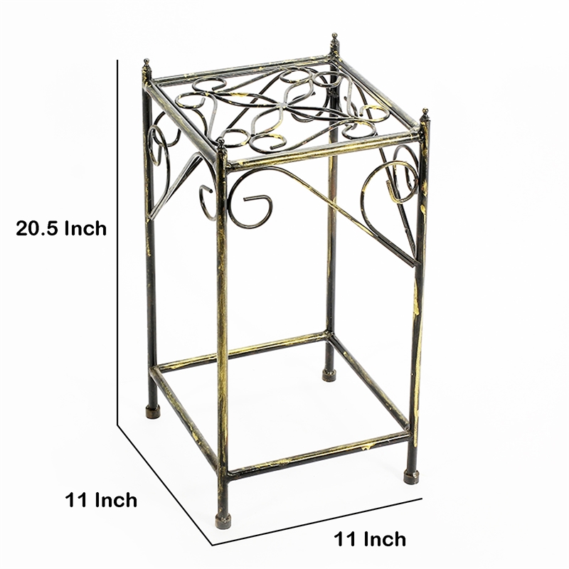 Benjara Lattice Cut Square Top Plant Stand with Tubular Legs- Medium- Black