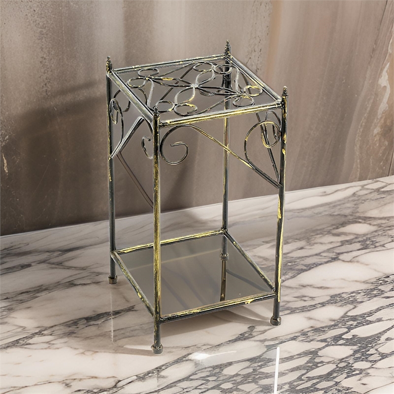 Benjara Lattice Cut Square Top Plant Stand with Tubular Legs- Medium- Black