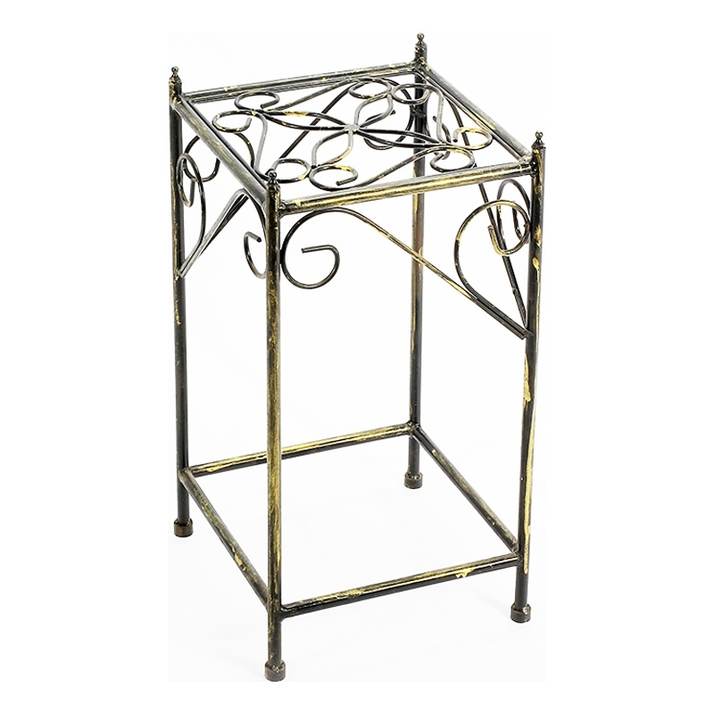 Benjara Lattice Cut Square Top Plant Stand with Tubular Legs- Medium- Black