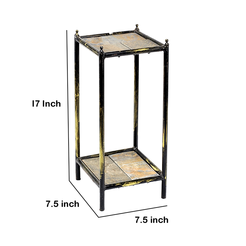 Benjara 2 Tier Square Stone Top Plant Stand with Metal Frame-Small-Black & Gray