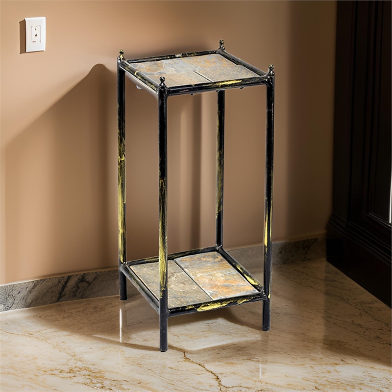 Benjara 2 Tier Square Stone Top Plant Stand with Metal Frame-Small-Black & Gray