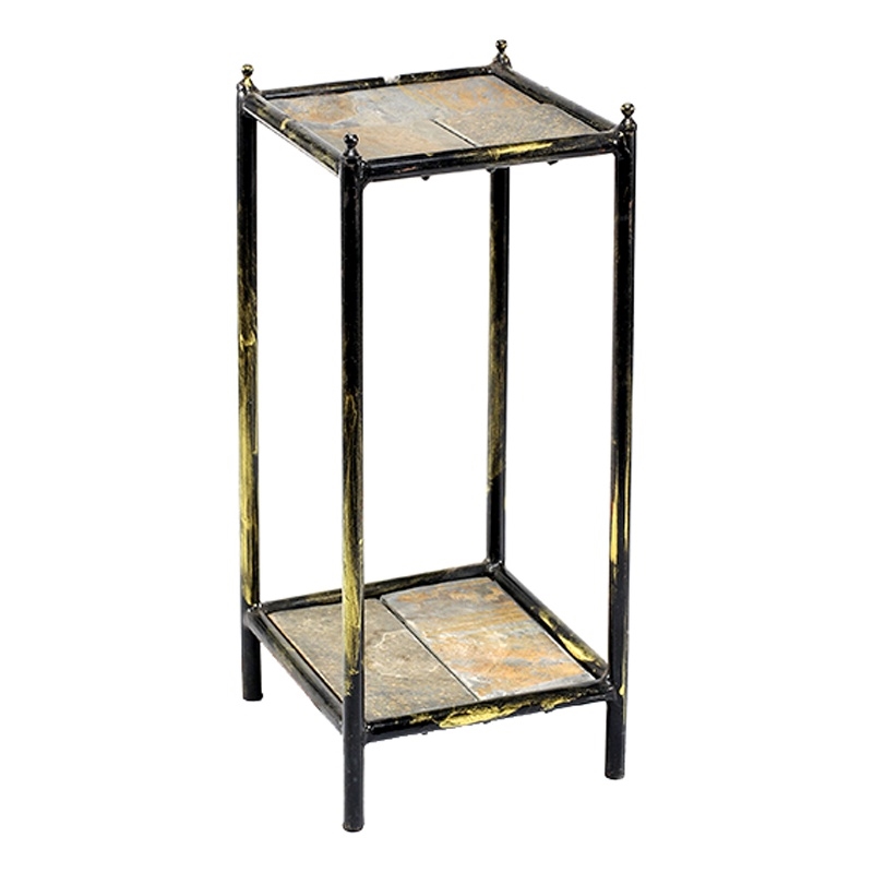 Benjara 2 Tier Square Stone Top Plant Stand with Metal Frame-Small-Black & Gray