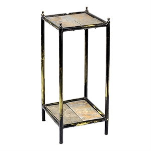 Benjara 2 Tier Square Stone Top Plant Stand with Metal Frame-Small-Black & Gray