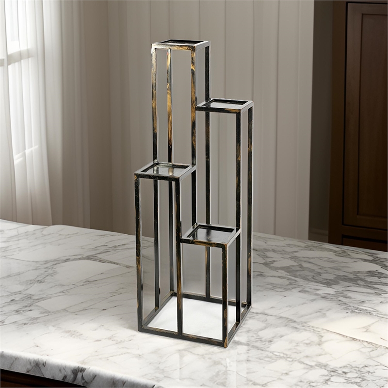 Benjara 4 Tier Cast Iron Frame Plant Stand with Tubular Legs- Black and Gold
