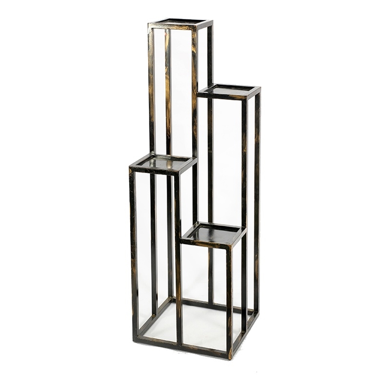 Benjara 4 Tier Cast Iron Frame Plant Stand with Tubular Legs- Black and Gold