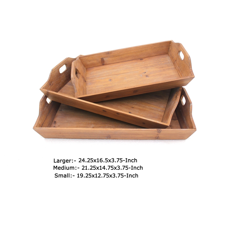 Benjara Rectangular Wooden Serving Tray with Cut Out Handles (Set of 3)- Brown