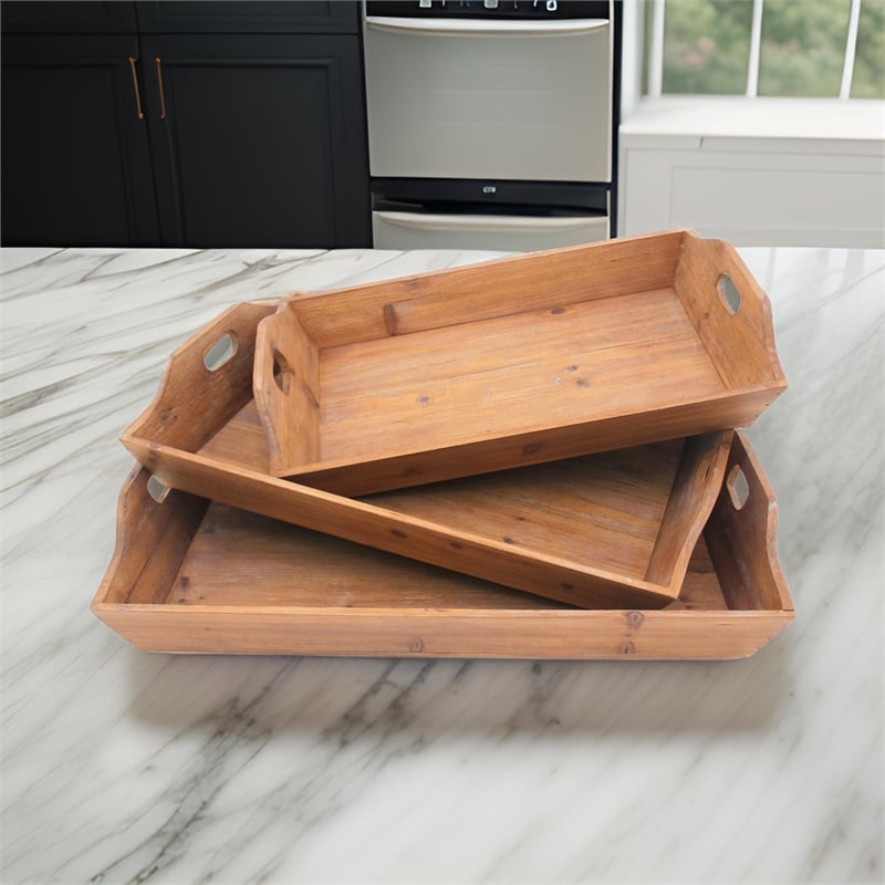 Benjara Rectangular Wooden Serving Tray with Cut Out Handles (Set of 3)- Brown
